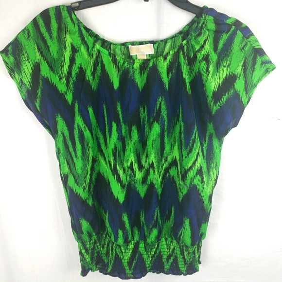 Michael Kors Green and Blue Short Sleeve Cinched Waist Shirt Sz M - Picture 1 of 8